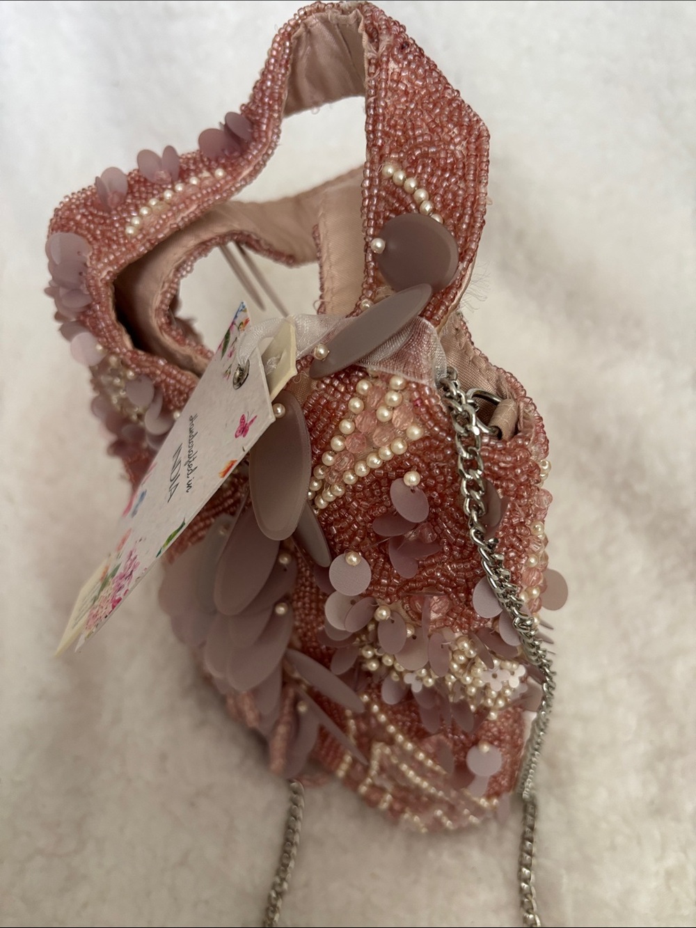Handcrafted Pink Sequin & Pearl Evening Bag - Picture 5 of 8